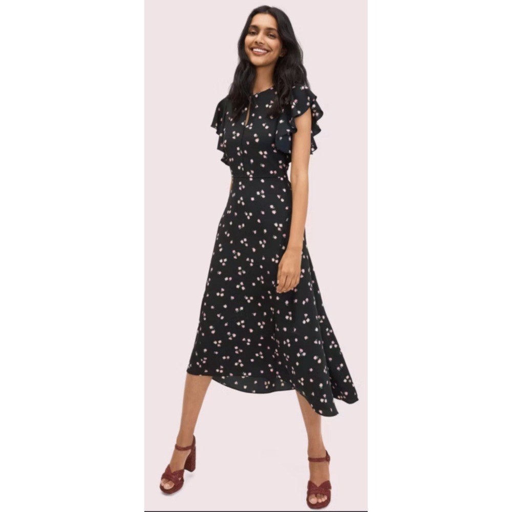 Kate Spade Ditsy Begonia Black & Pink Floral Ruffle Sleeve Maxi Dress Women's 0